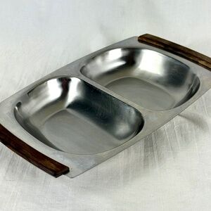 Vintage Lundtofte Denmark Stainless Steel 2 Section Serving Tray Teak Handles